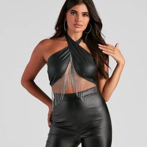 Black Crop Top with Silver Fringe